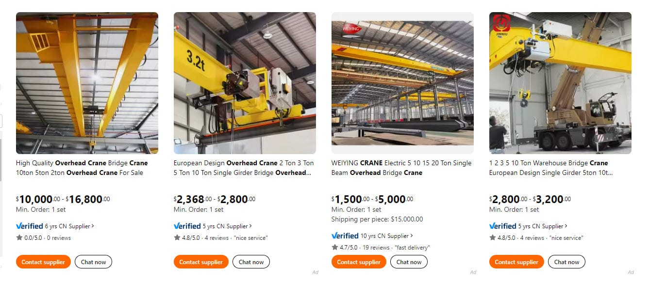 قیمت دلاری انواع جرثقیل سقفی کارگاهی سوله